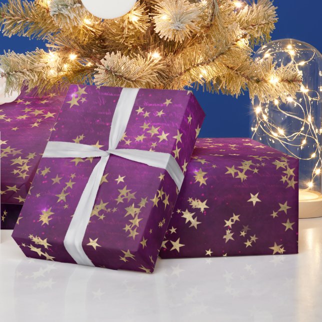 Papier Cadeau Celestial Golden Stars on Pink Galaxy Background (Vacances)