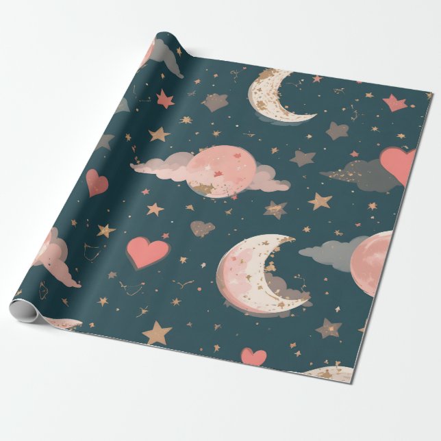 Papier Cadeau Celestial Romance Dreamy Moon & Stars Valentine Se (Déroulé)