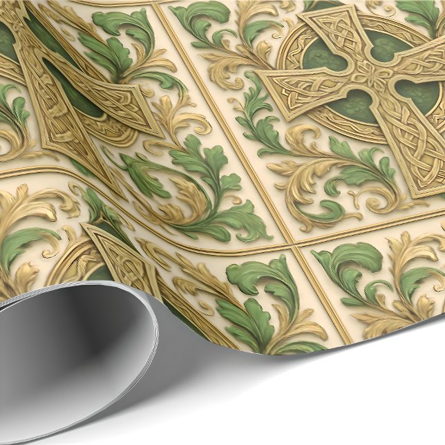 Papier Cadeau Celtic Cross Green Gold Carved Look Wrapping Paper (Créateur téléchargé)