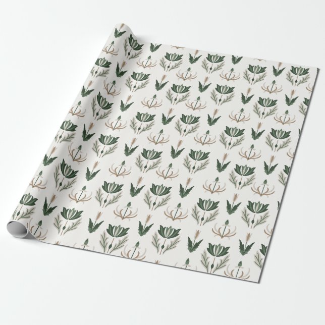 Papier Cadeau Celtique irlandais Floral Botanique Vert Beige (Déroulé)