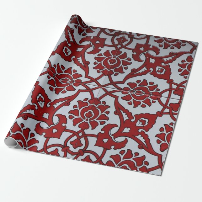 Papier Cadeau Céramique Florale Rouge Turque (Déroulé)