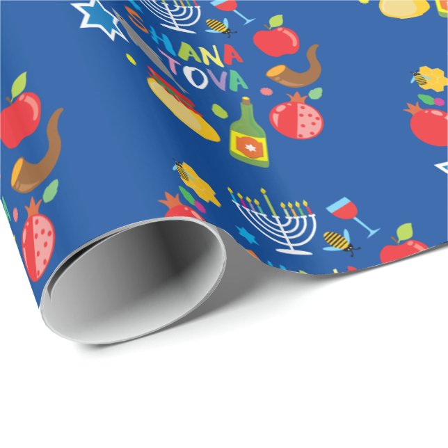 Papier Cadeau Cercles Shana Tova2 - bleu marine (Coin rond)