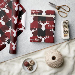 Papier Cadeau Cerf à carreaux personnalisé rouge et noir
