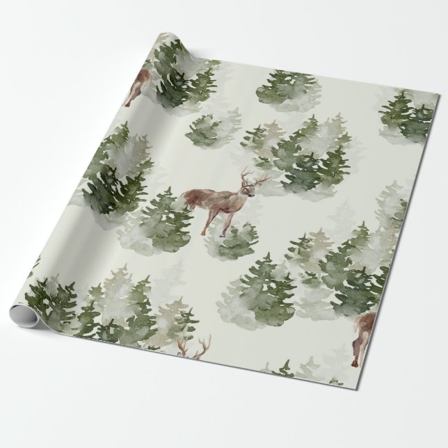 Papier Cadeau Cerf à l'aquarelle et forêt de pins brumeuse (Déroulé)