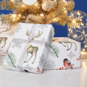 Papier Cadeau Cerf Biche Et Oiseau Thème Bois Noël