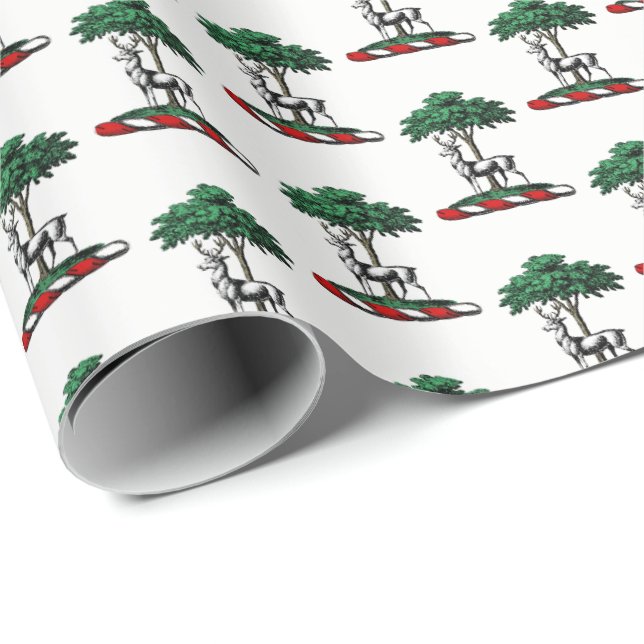 Papier Cadeau Cerf Daim devant un Arbre Blason Emblématique (Coin rond)