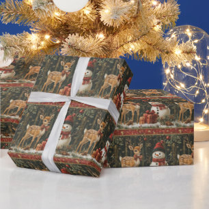 Papier Cadeau Cerf de Noël Bonhomme de neige Forêt enneigée Cade