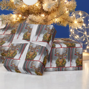 Papier Cadeau Cerf de Noël portant une couronne