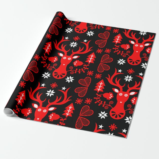 Papier Cadeau Cerf de Noël rouge scandinave (Déroulé)