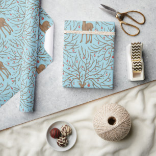 Papier Cadeau Cerf de Noël sur fond bleu