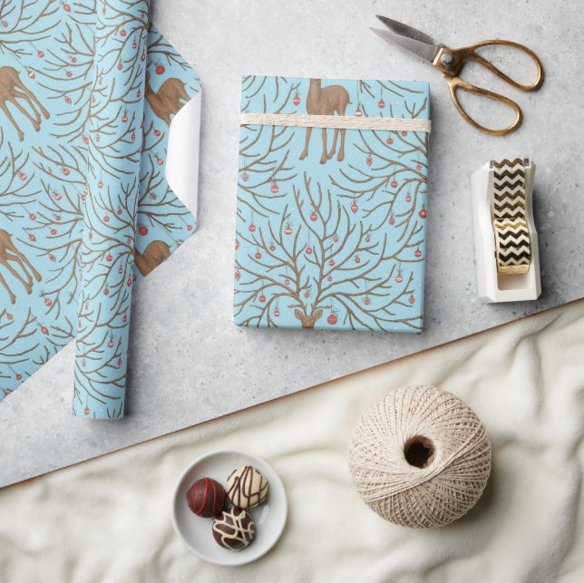 Papier Cadeau Cerf de Noël sur fond bleu (Artisanat)