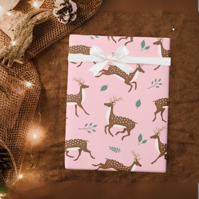 Papier Cadeau Cerf de saut rose et feuilles (Pink Jumping Deer and leaves Wrapping Paper)