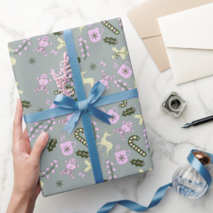 Papier Cadeau Cerf en pain d'épices Canne de bonbon Verdure Noël