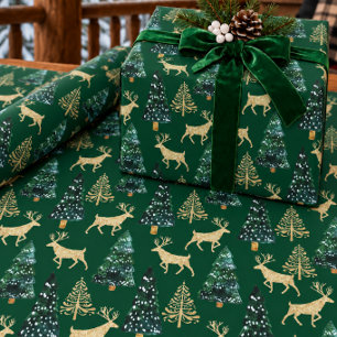 Papier Cadeau Cerf et arbres de la forêt dorée sur fond vert pin