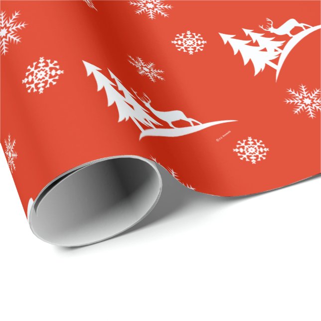 Papier Cadeau Cerf et Flocons de Neige Noël Rouge   (Coin rond)