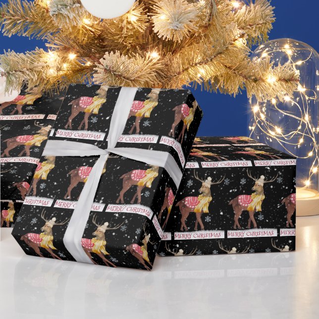 Papier Cadeau Cerf Joyeux Noël dans des flocons de neige   (Vacances)