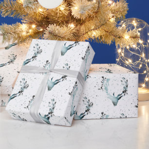 Papier Cadeau Cerf magique d'hiver bleu argenté de Noël