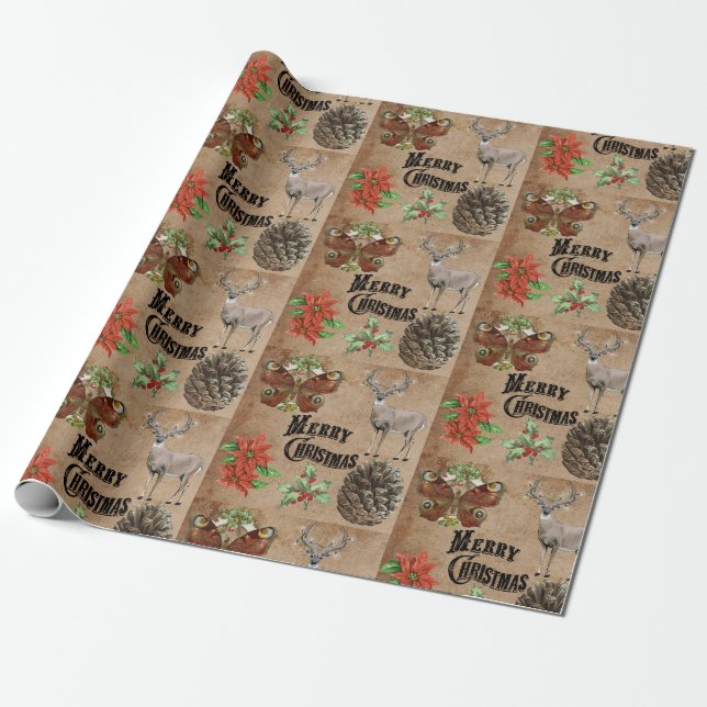 Papier Cadeau Cerf rustique vintage (Déroulé)