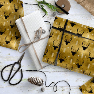 Papier Cadeau Cerfs Antlers Flèches Motif de Noël Gold ID861