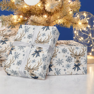 Papier Cadeau Cerfs aux rubans bleus Noël flocons de neige