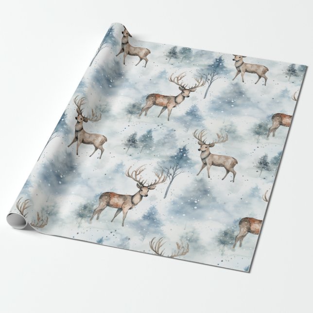 Papier Cadeau Cerfs de la forêt aquarelle d'hiver (5) (Déroulé)