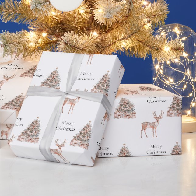 Papier Cadeau Cerfs d'or rose et arbres de Noël (Vacances)