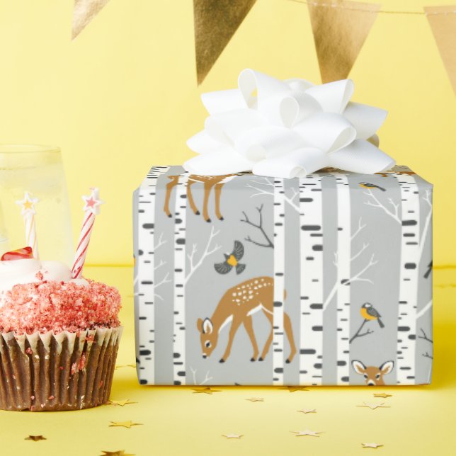 Papier Cadeau Cerfs Faons Forêt de bouleau blanc Oiseaux Cadeau  (Fête d'anniversaire)