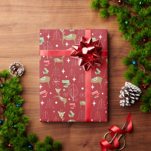 Papier Cadeau Cerfs mignons avec des sapins de Noël et des floco