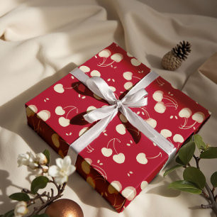 Papier Cadeau Cerises à l'aquarelle crème sur fond rouge – Saint