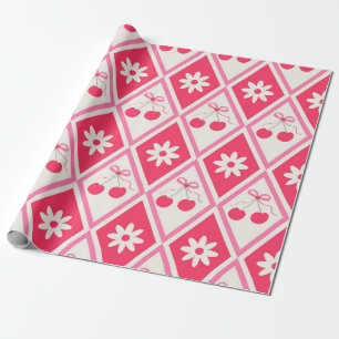 Papier Cadeau Cerises Coquette et nœuds roses sur diamants rouge