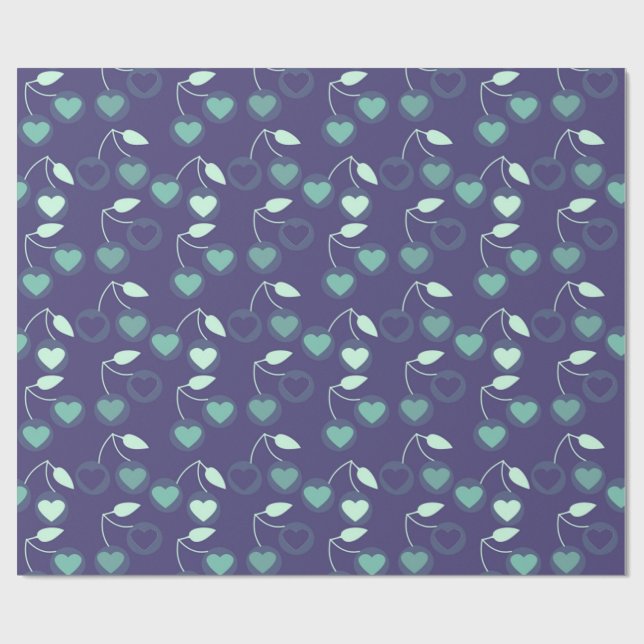 Papier Cadeau cerises de cœur bleues (Plat)