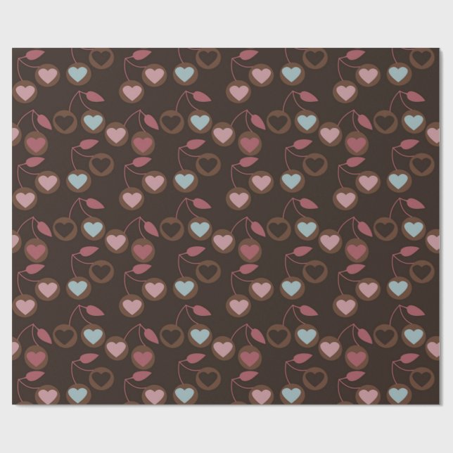 Papier Cadeau cerises de cœur marron (Plat)