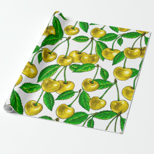Papier Cadeau Cerises jaunes sur blanc