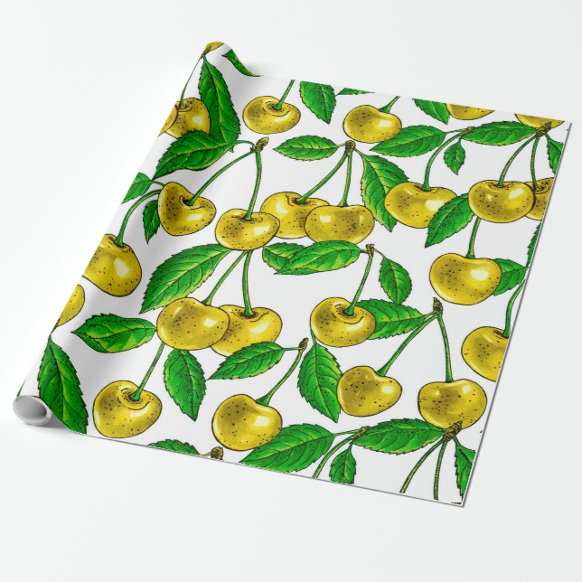 Papier Cadeau Cerises jaunes sur blanc (Déroulé)