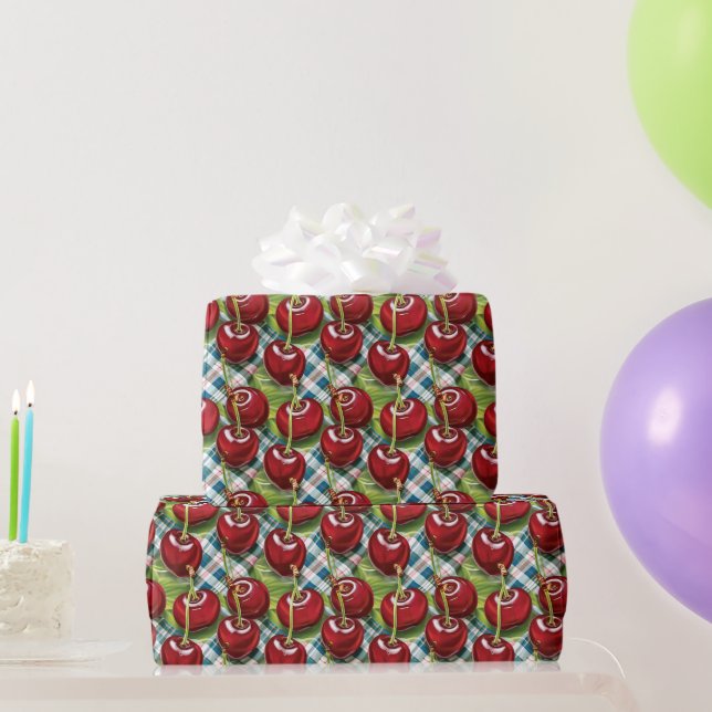 Papier Cadeau Cerises mignonnes À damiers milieu du siècle (Cadeaux de fête)