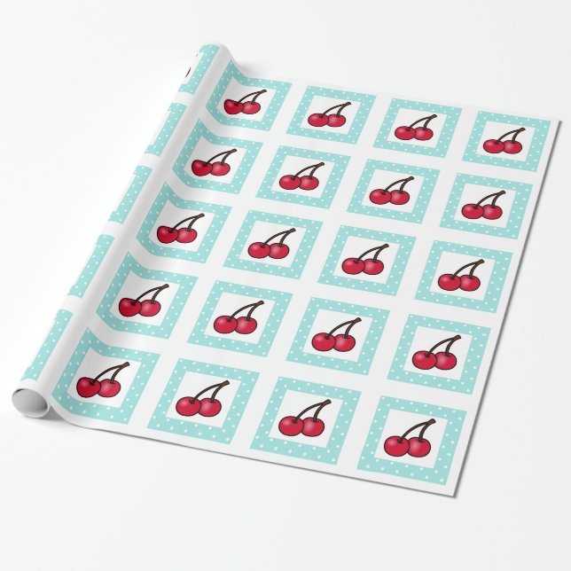Papier Cadeau Cerises Retro Aqua Dots (Déroulé)