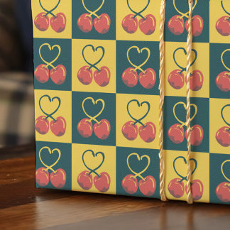 Papier Cadeau Cerises Rétro en forme de cœur sur fond à carreaux