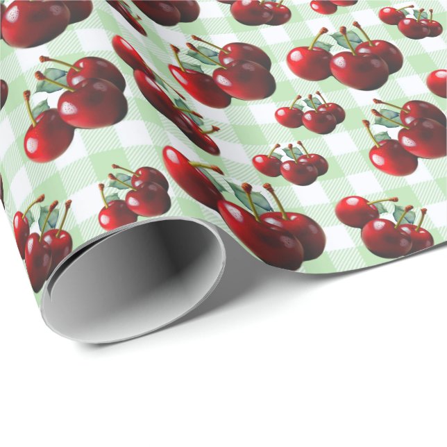Papier Cadeau Cerises Rétro fraîchement cueillies gingham vert (Coin rond)