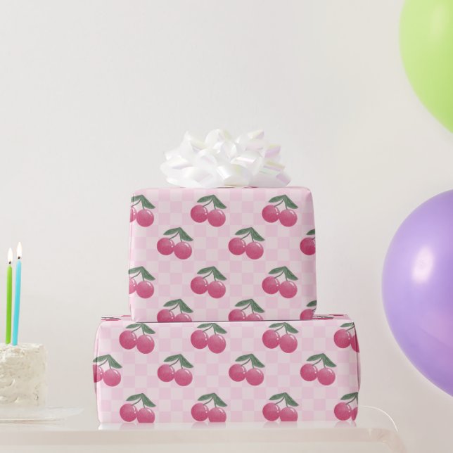 Papier Cadeau Cerises roses Y2K Jote Motif rétro (Cadeaux de fête)