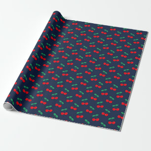 Papier Cadeau Cerises rouges mignonnes d'été Navy & Rouge