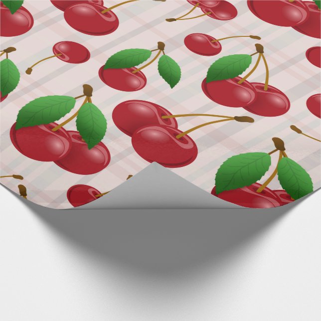 Papier Cadeau cerises rouges sucrées sur plaid pastel (Coin)