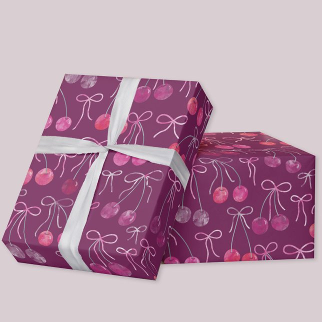 Papier Cadeau Cerises Rubans et Bows Motif d'aquarelle (Cherries, ribbons and bows gift wrapping paper roll)