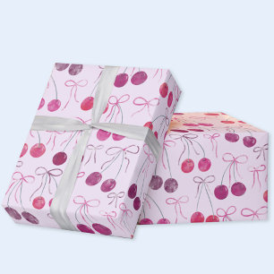 Papier Cadeau Cerises Rubans et Nœuds Motif Aquarelle