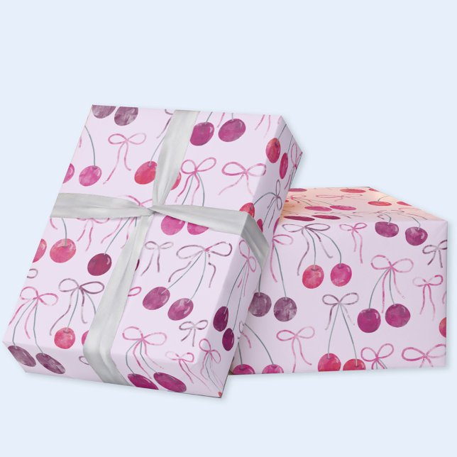 Papier Cadeau Cerises Rubans et Nœuds Motif Aquarelle (Cherries, ribbons and bows gift wrapping paper roll)