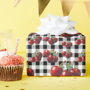 Papier Cadeau Cerises vintage gingham noir et blanc