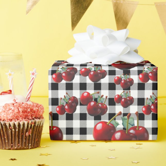 Papier Cadeau Cerises vintage gingham noir et blanc (Fête d'anniversaire)