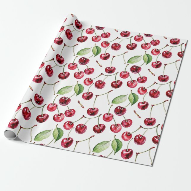 Papier Cadeau Cerises vintages et Feuilles (Déroulé)