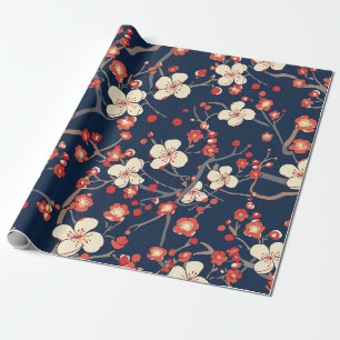 Papier Cadeau Cerisier Fleur Japonais Floral Rouge Marine