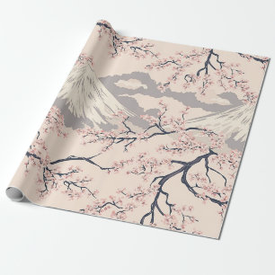 Papier Cadeau Cerisier Rose Pâle Sakura Mont Fuji Motif Scénique