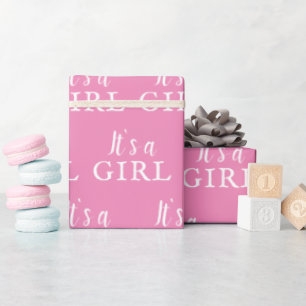 Papier Cadeau C'est une fille, typographie rose, fête de baby sh